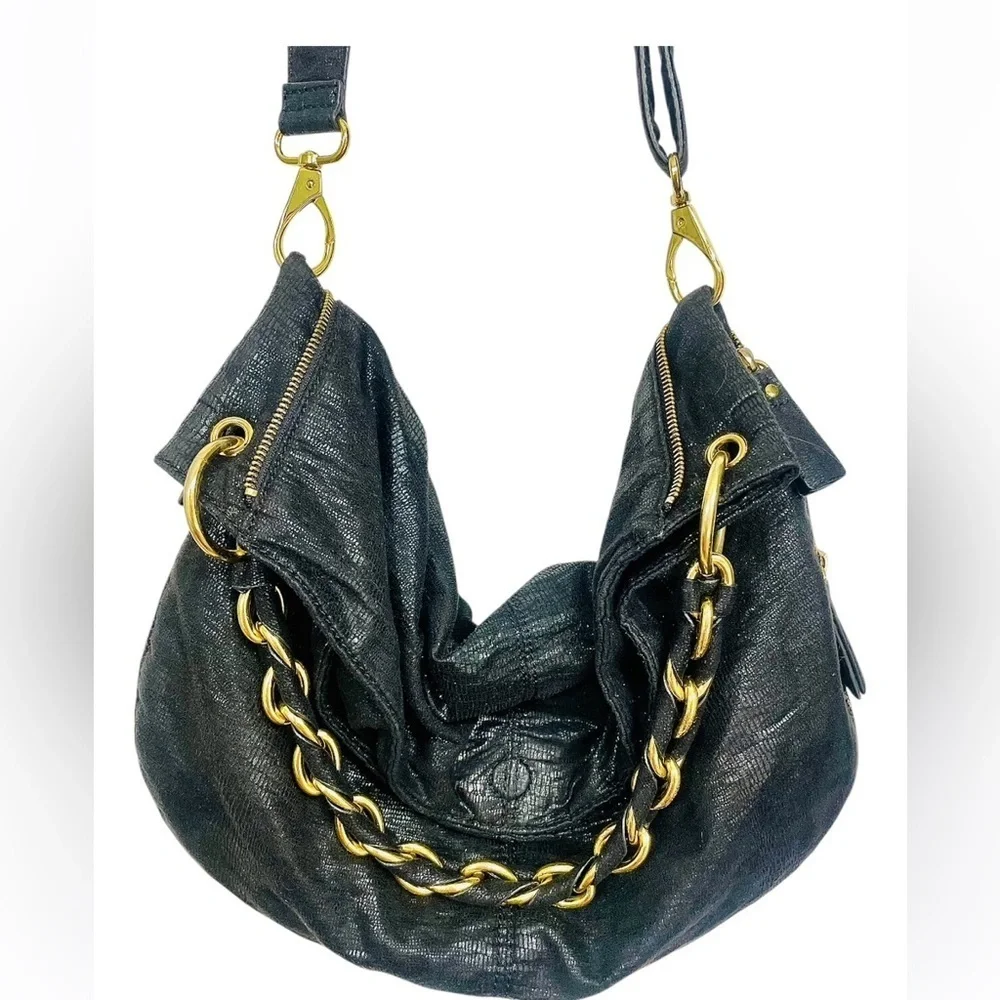 Armani Exchange Black Leather Expandable Slouchy Hobo Chain Shoulder Bag